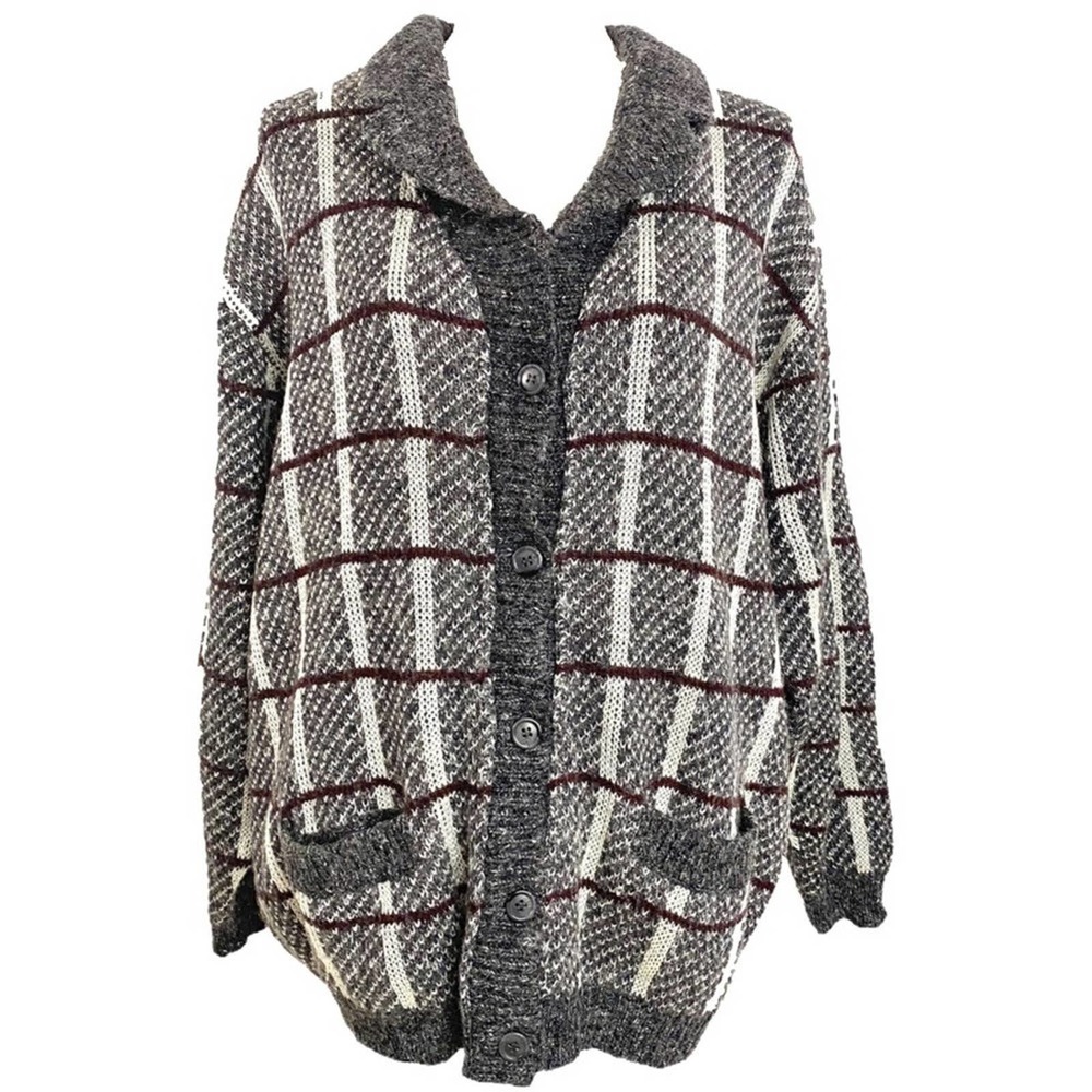 Vintage Grey & Burgundy Plaid Checkered Oversized Button Up Cardigan